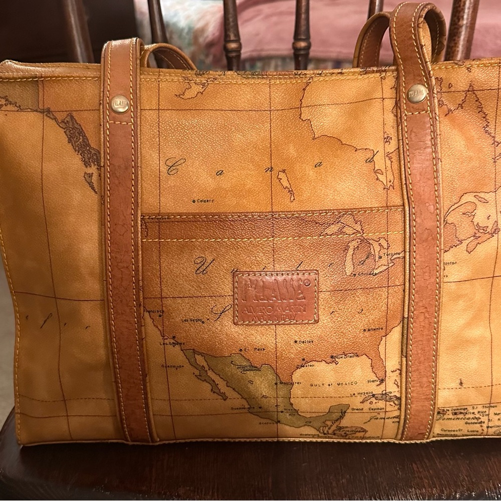 Alviero Martini Prima ClasseTan and Brown Leather Tote Bag with World Map Design